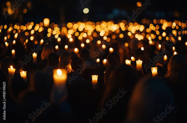 Obraz Crowd of people holding candles in dark night setting.