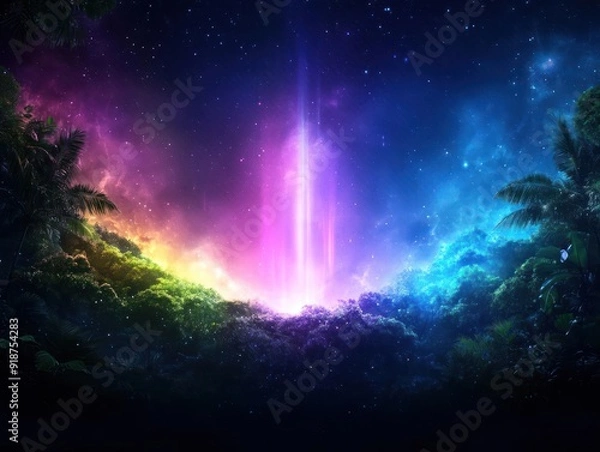 Fototapeta A vibrant, otherworldly light beam erupts from a tropical forest, illuminating the night sky.