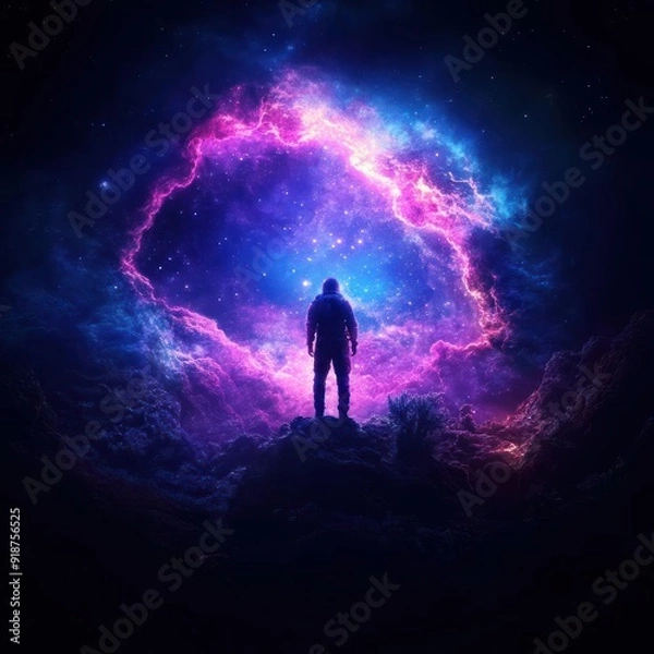 Fototapeta Silhouette of a man standing on a mountain, looking at a vibrant cosmic portal in the night sky.