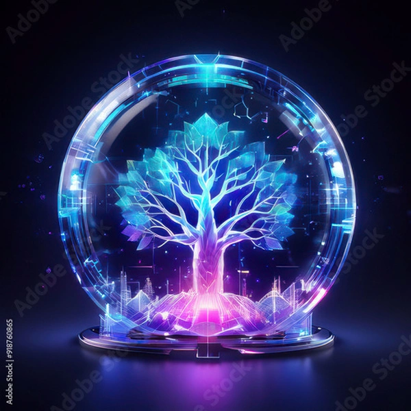 Fototapeta The image could be named Futuristic Tree of Light Bulbs, Glowing in a Starry Night