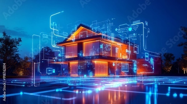 Fototapeta Futuristic smart home concept with glowing digital elements and technology integration, depicting innovation in residential design.