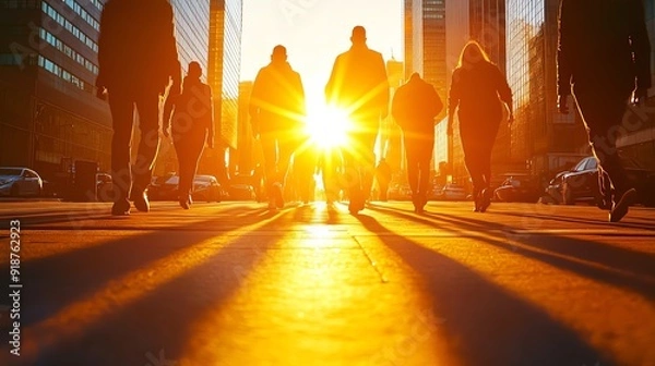 Obraz Silhouettes of people walking in a city at sunset, casting long shadows on the ground, symbolizing urban life and movement.