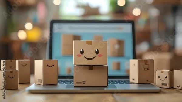 Obraz A laptop is on a table with a stack of boxes and a smiling face
