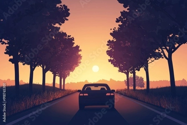 Obraz Silhouettes of trees lining the road. A car driving into the sunset, cozy vibe, Generative AI 