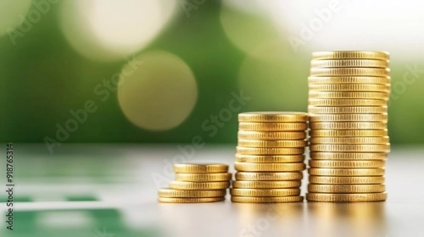 Obraz Stacks of gold coins shining in natural light, creating a sense of wealth and prosperity against a soft green backdrop.
