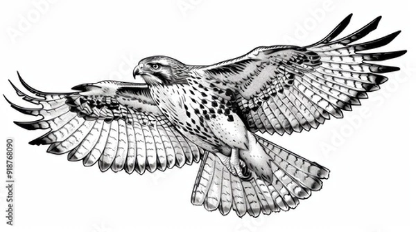 Fototapeta Black and white Vintage engraved art of a hawk in flight, isolated on white background, ink sketch illustration, simple vector art design, highly detailed line art, high contrasty 