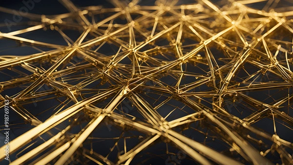 Fototapeta A complex 3D rendering depicting a network of lines and planes in luxurious gold, with intersecting paths and glowing accents representing the interconnectedness of wealth and success.