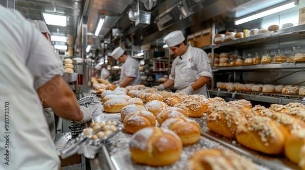 Fototapeta A bakery with three bakers working on a conveyor belt