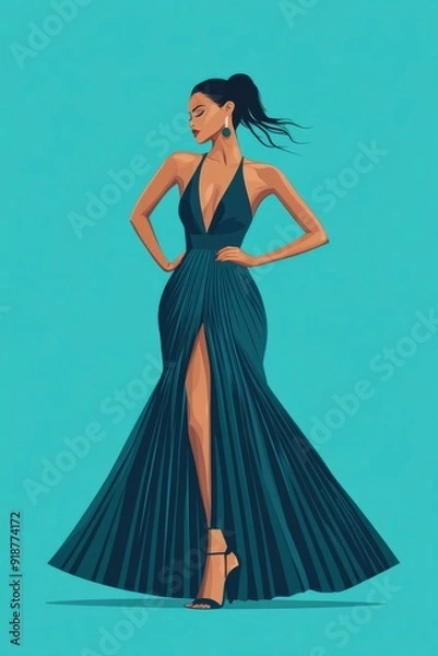 Fototapeta Minimalism illustration, a Latina woman, wearing a striking teal gown with a halter neckline and pleated skirt, standing with one hand on her hip, elegant fashion, boho, flat illustration