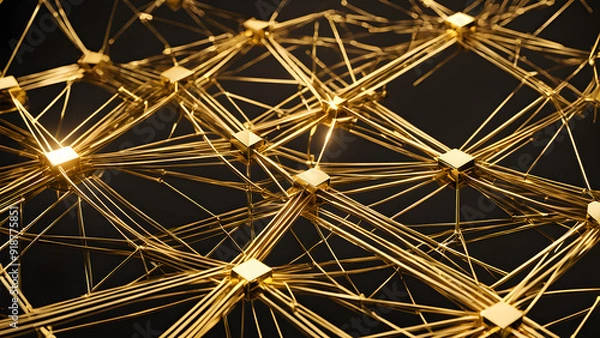 Obraz A complex 3D rendering depicting a network of lines and planes in luxurious gold, with intersecting paths and glowing accents representing the interconnectedness of wealth and success.