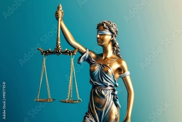 Fototapeta Hyper-Realistic 3D Illustration of Lady Justice Statue Holding Scales of Justice on Blue Background. Cinematic Lighting and Soft Shadows with Clean Focus and Film Grain Effect.