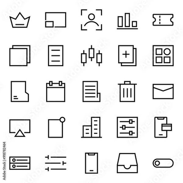 Fototapeta Collection of Basic Interface Related Vector Line Icons. Contains Icons like Smartphone, Crown, Email, Delete and more. Editable stroke. 48x48 pixels