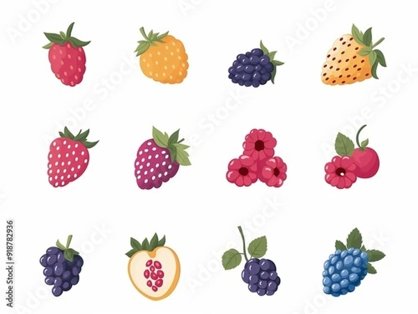 Fototapeta Set of various berries simple illustration. AI generated