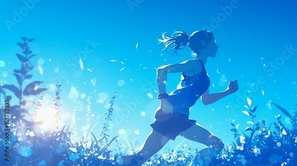 Fototapeta 公園で走っている女性ランナーのシルエット、青空16