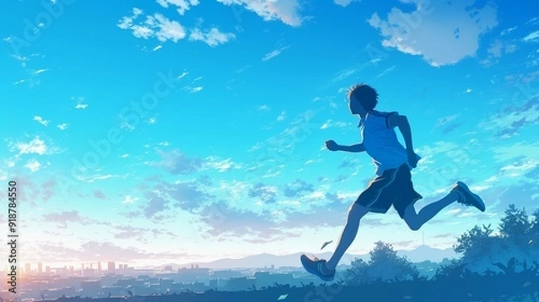 Fototapeta 公園で走っている男性ランナーのシルエット、青空2