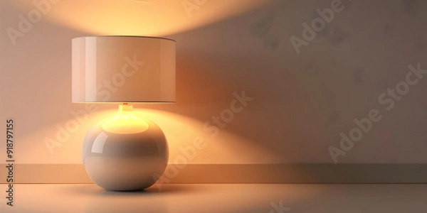 Fototapeta A mock up showcasing a modern white lamp with golden accents a linen lampshade some tomes and a plain wood sideboard against an offwhite wall
