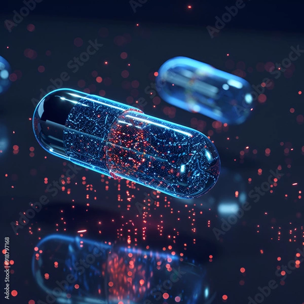 Obraz A low poly wireframe style depicting medication or pills or capsules Technology,
innovation in pharmacology Banner concept Particles are connected in a geometric silhouette

