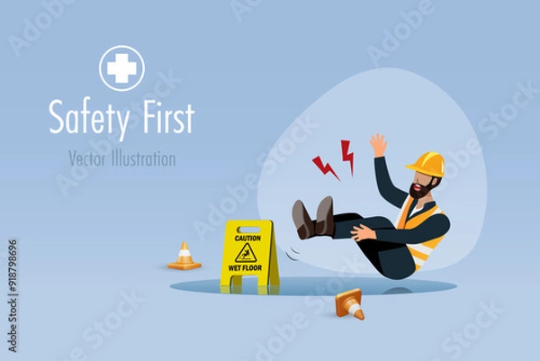 Fototapeta Construction worker slip and fall on wet floor. Safety first, accident caution at construction site. Vector.
