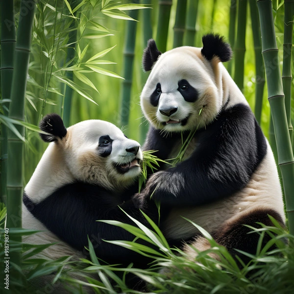 Fototapeta Panda cuddling her cub Wildlife Conservation Awareness Endangered Species  with green forest background

