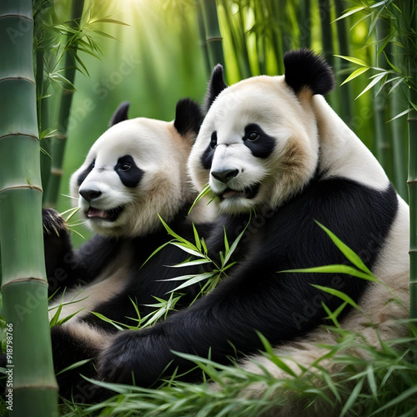 Fototapeta Two panda bears are hugging each other and one has a black eye green forest background
