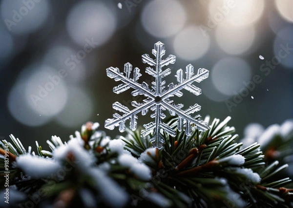 Obraz Macro photography of a snowflake with fir branches. Christmas winter background
