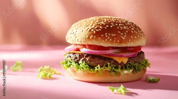 Fototapeta Hamburger with pink background with dappled light : Generative AI