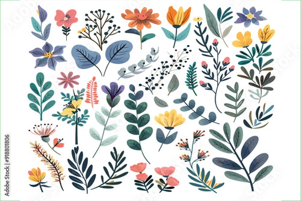 Fototapeta Set of floral elements. Romantic flower collection with flowers, twigs, leaves, herbs and berries. Vector design isolated on white background. 