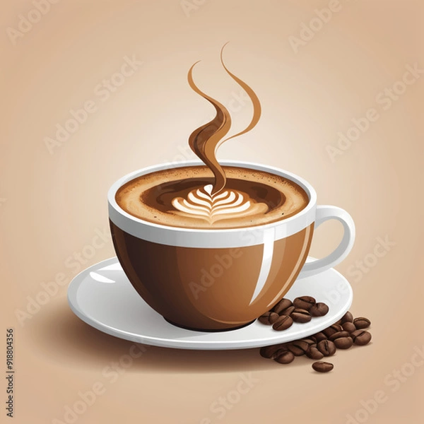 Fototapeta Steaming latte art coffee cup with saucer and coffee beans, vector illustration on warm beige background
