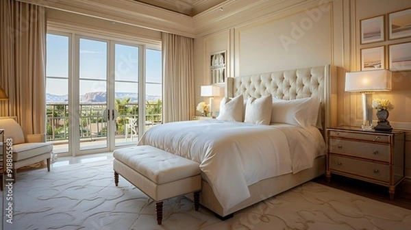 Fototapeta Luxurious master suite King bed plush bedding private sitting panoramic views Pure opulence : Generative AI