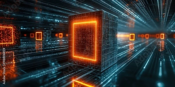 Fototapeta Abstract Digital Data Blocks with Neon Orange Frames