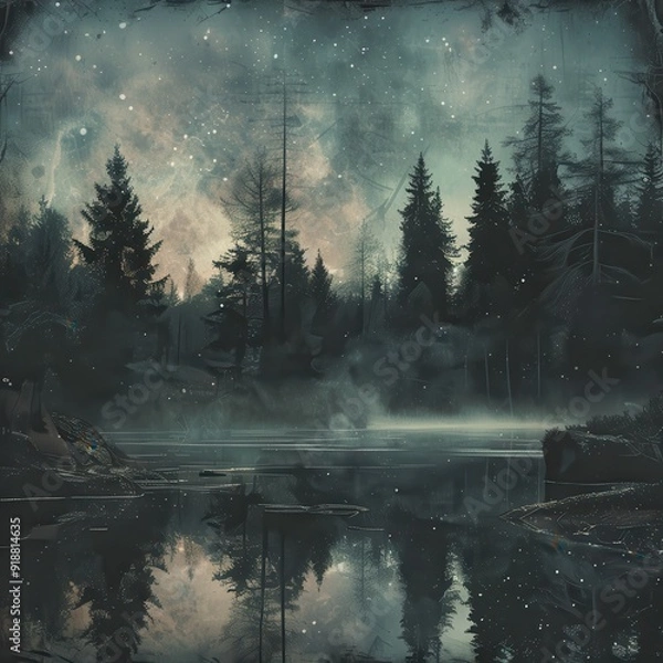 Fototapeta A captivating landscape depicting a forest reflected in a still lake under a starfilled sky