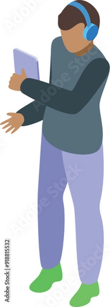 Fototapeta Young man listening music with headphones is using smartphone application