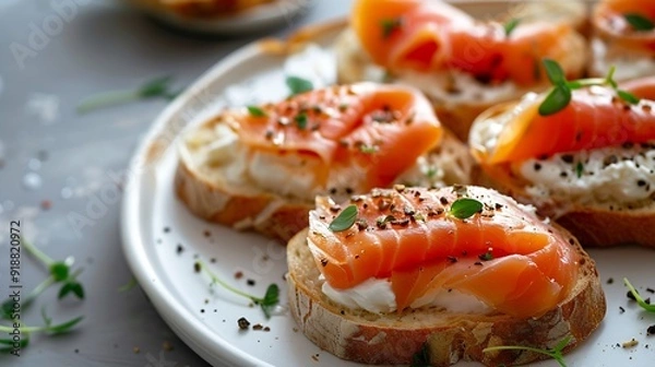 Fototapeta Bruschetta with smoked trout slices and cream cheese on baguette on white plate Top view : Generative AI