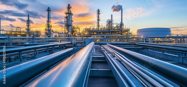 Fototapeta Hydrogen power plant, large steel tanks and pipes, wide angle photo. Clean H2 energy concept as imagined by Generative AI