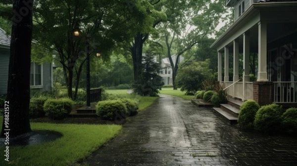 Obraz A brick path leading to a white house with a porch and columns, surrounded by lush green foliage and trees in a rainy setting.