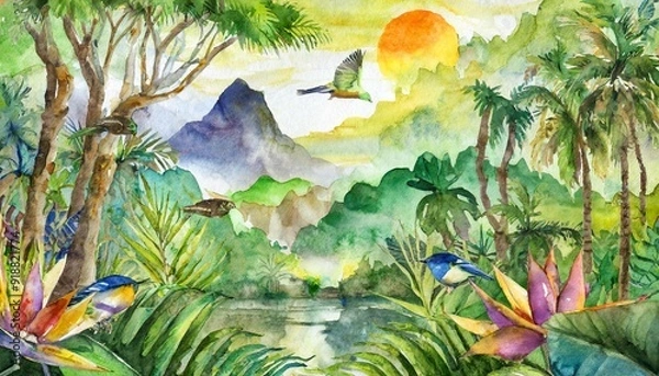 Fototapeta New Watercolor landscape paintings on paper colorful of Village rural, rice field, farm with trees mountain and sky, cloud background