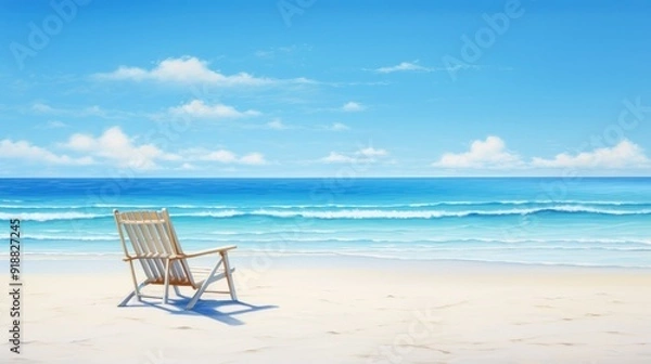 Fototapeta A solitary wooden chair sits on a sandy beach, facing a calm blue ocean with white clouds against a clear sky.