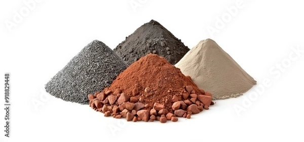 Obraz Four piles of different construction materials on a white background. The materials include gravel, sand, clay, and cement.