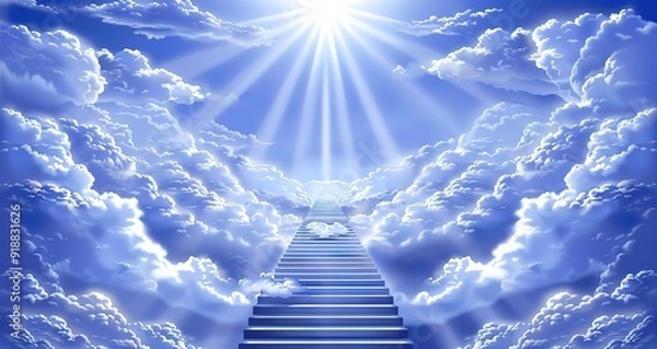 Fototapeta A stairway to heaven with clouds and a bright shining light. An inspirational and religious image.