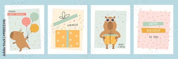 Fototapeta Birthday card set with funny capybara