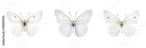 Fototapeta Set of A close-up of a luminous white butterfly with intricate wing patterns isolated on transparent background