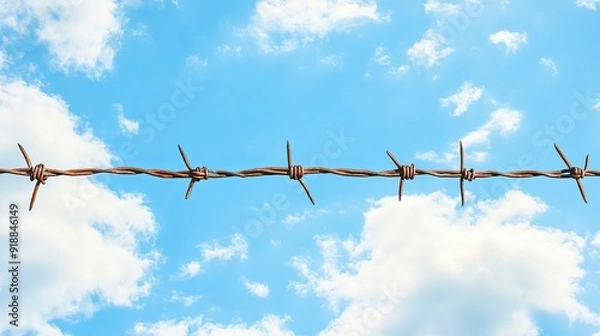 Fototapeta Barbed wire stretches across the frame, its sharp, twisted strands silhouetted against a vast sky. 