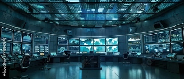 Fototapeta A large room with many computer monitors and a lot of people