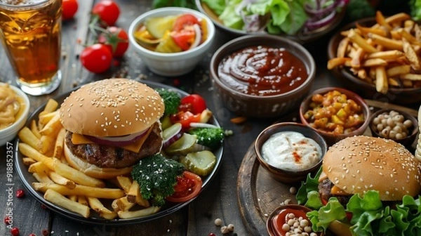 Fototapeta Table full of delicious food in plates top view Fries soup salad burger sauces and drinks on festive dinner for event celebration Nourishing food menu of restaurant beautiful serving f : Generative AI