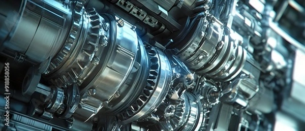 Fototapeta Captivating dieselpunk inspired mechanical design featuring an intricate arrangement of gears pistons and sleek metallic surfaces bathed in a moody