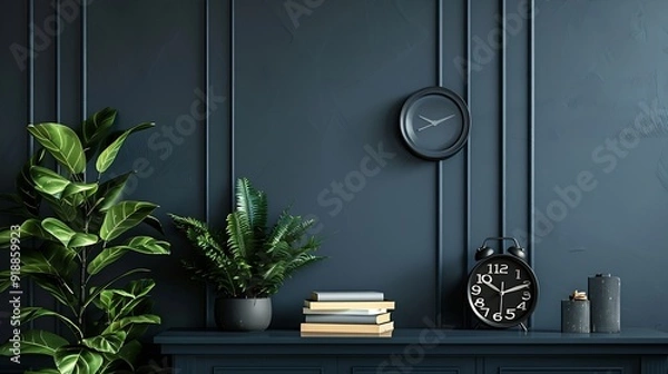 Fototapeta Minimalist composition of elegant and outstanding space with navy commode green leaves in vase books black clock sculpture and personal accessories Home decor Template Copy space : Generative AI