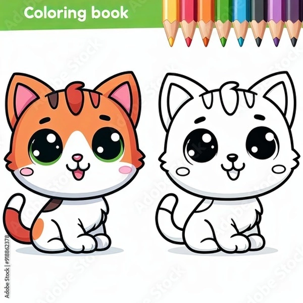 Fototapeta Adorable kitten coloring book page showcasing a vibrant, multicolored kitty and a matching printable version for young artists to enjoy. Fun for all ages!