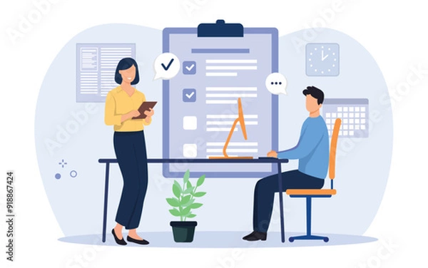 Obraz Team checklist concept illustration. Checklist to complete project task, accomplish work checkmark, todo list clipboard or project status report, plan to finish work concept. Vector illustration.