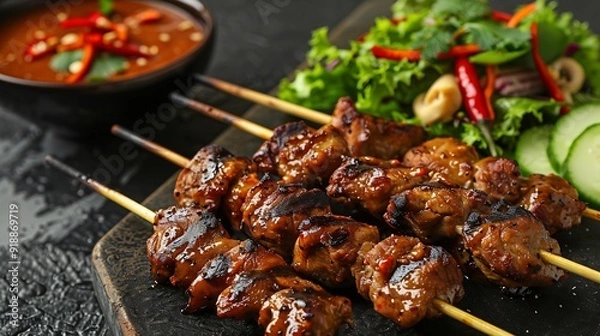 Fototapeta Satay Skewered and Grilled Meat Served with Spicy Salad Cucumber Chili and Soy Sauce : Generative AI