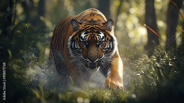 Fototapeta Stealthy Tiger in Hyper-Realistic Jungle Scene